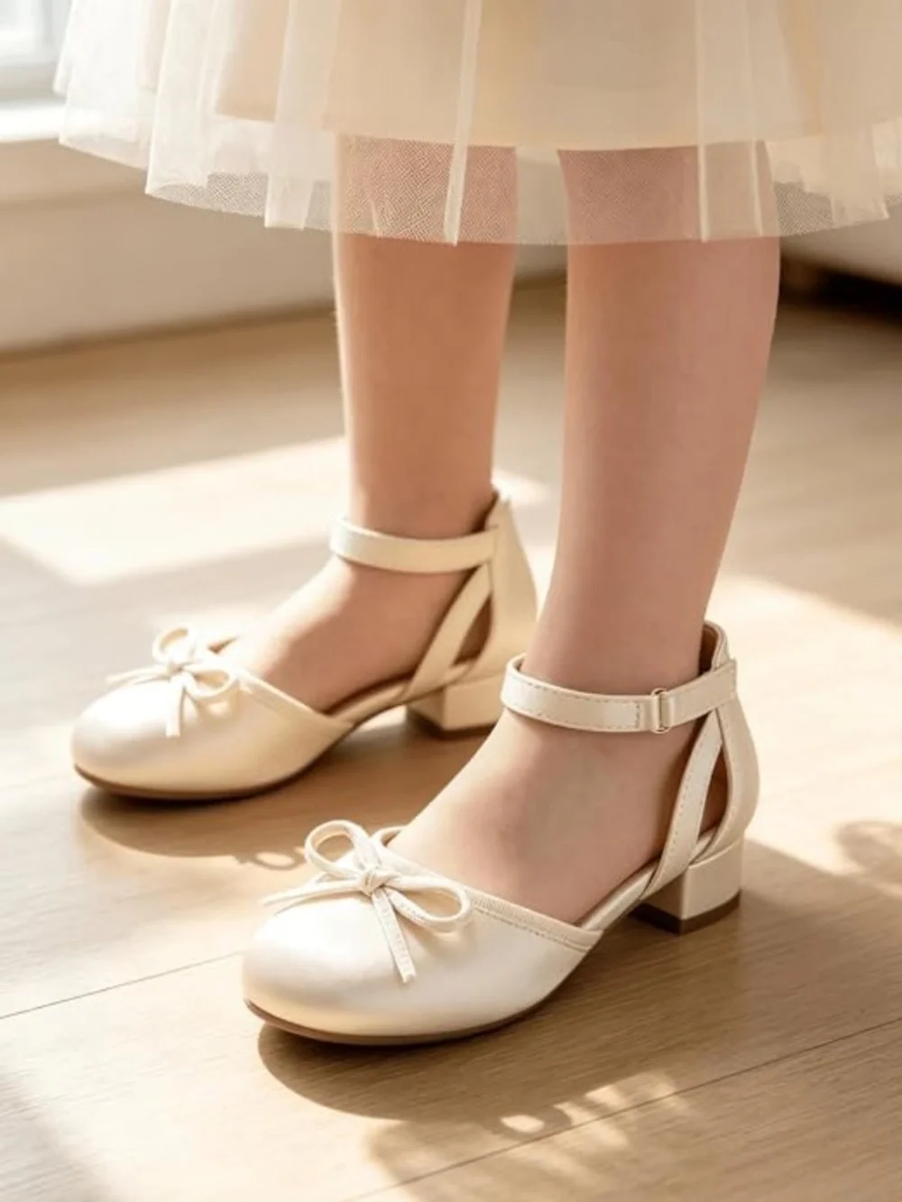Coutgo Girls Dress Shoes Bow Closed Toe Low Heels Wedding Flower Girl Shoes